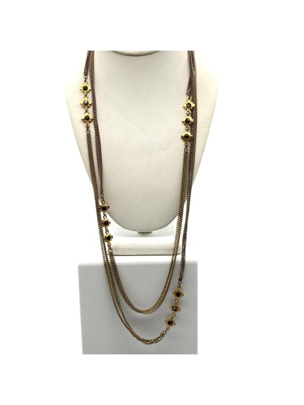 Southwestern Tiered Cross Station Necklace, Gold Tone Triple Strand Vintage